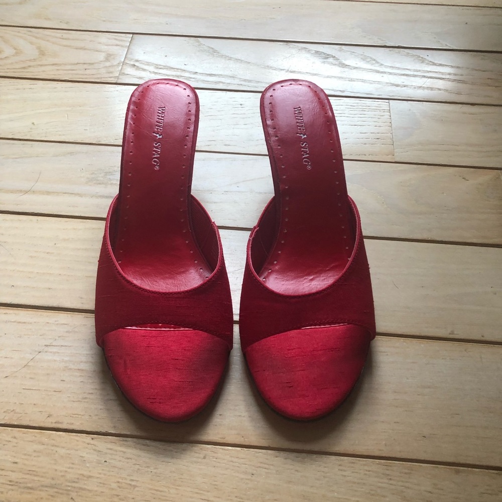 Red shantung slip on heels